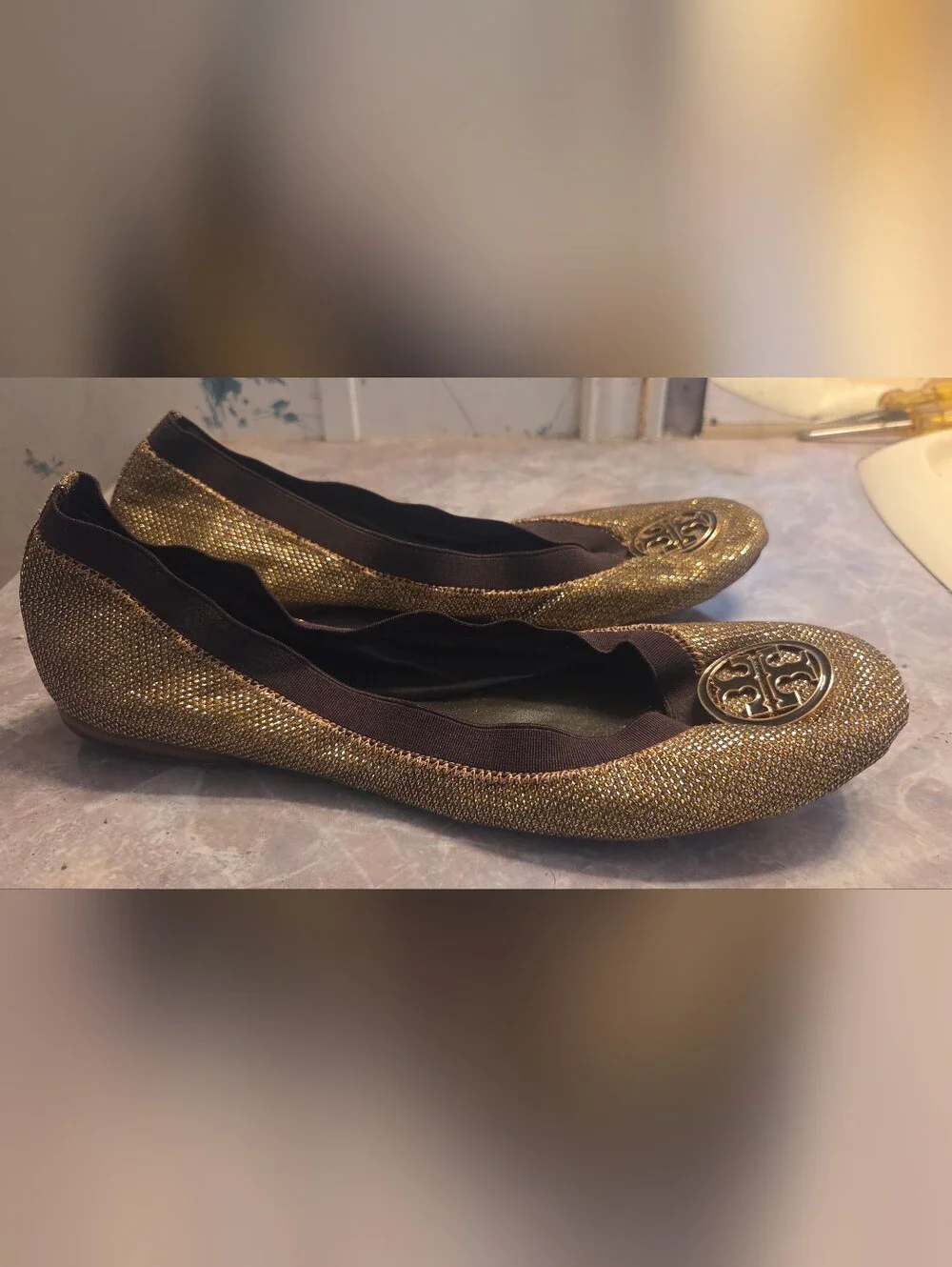 Tory Burch Metallic Gold Glitter Ballet Flats with Logo Medallion